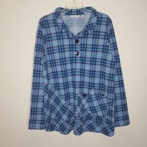 Soft Surroundings Brynn Blue Plaid Printed Button Front Tunic Top